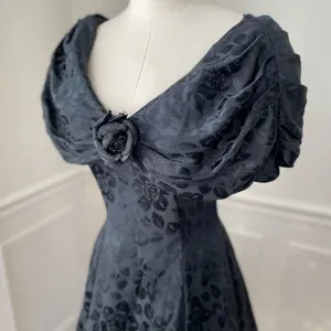 Vintage 80s 90s Off Shoulder Jacquard Short Dress Goth Black Green XS thumbnail 4