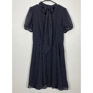 Betsey Johnson Navy Polka Dot Chiffon Puff Sleeve Tie Neck Knee Dress Size 10 thumbnail 4