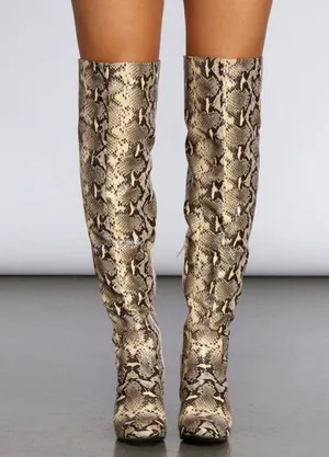 Thigh High Snakeskin Print Boots Women’s Size 6.5 EUC block heel almond toe thumbnail 2