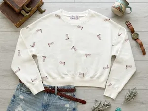Pink Republic Women Cream Cowboy Boot Embroidered Cropped Crewneck Sweatshirt M thumbnail 1