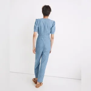 Madewell Blue Denim Jumpsuit Cotton Blend size‎ 0 Puff Sleeve Button Front thumbnail 2