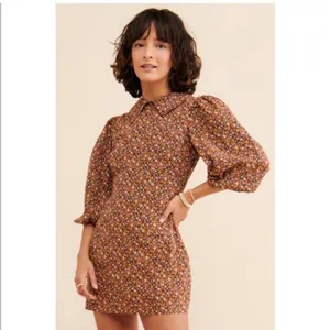 Free People Brown Printed Floral Sheath Mini Dress Small 3/4 Sleeves Collared thumbnail 3