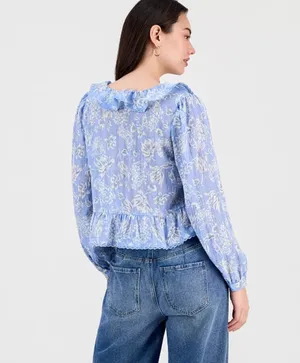 Macy's Light Blue Floral Ruffle Blouse thumbnail 2