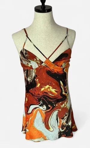 NEW Urban Outfitters Marble Print‎ Mini Dress Orange Red Brown Strappy Women's M thumbnail 1