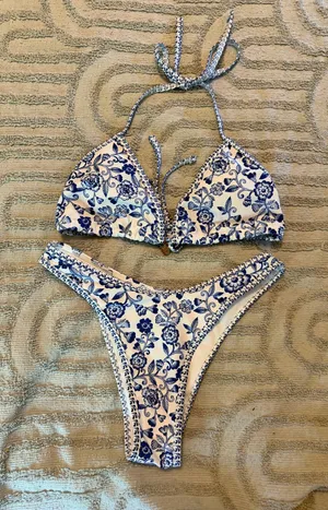 Shein Blue & White Floral Triangle Bikini, Sz S thumbnail 1