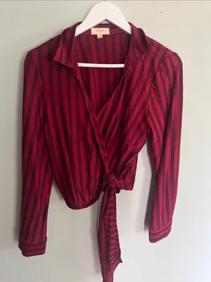 Chocolate Burgundy and Black Striped Tie-Front Blouse thumbnail 1
