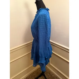 NSR Nordstrom Royal Blue Plaid Ruffle Mini Dress Smocked Waist Long Sleeve Boho thumbnail 5