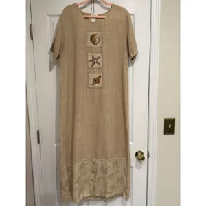 Vintage 90s Coastal‎ Linen Seashell Maxi Dress Tan thumbnail 2