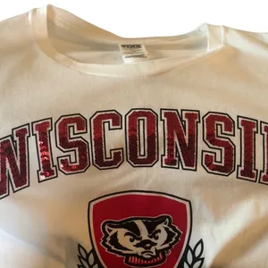 Pink VS Collegiate Collection WISCONSIN BADGERS White Crew Neck Tee Sz. M BLING thumbnail 3