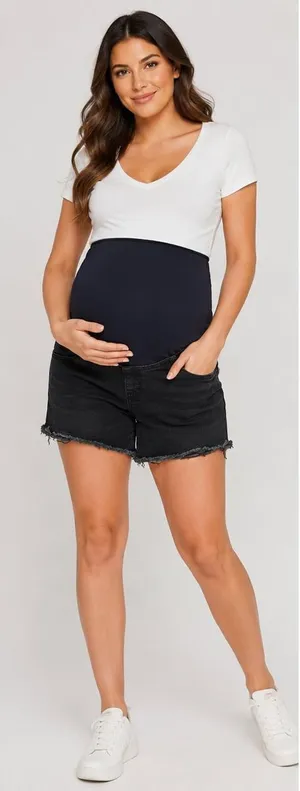 Isabel Maternity by Ingrid & Isabel Black Denim Bermuda Maternity Shorts Raw Hem thumbnail 1