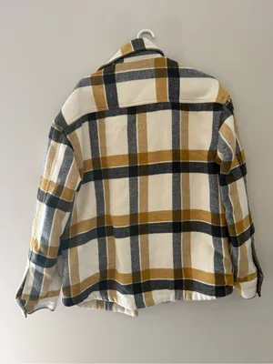 American Eagle Oversized Plaid Sherpa Shacket Women M Yellow Black thumbnail 6