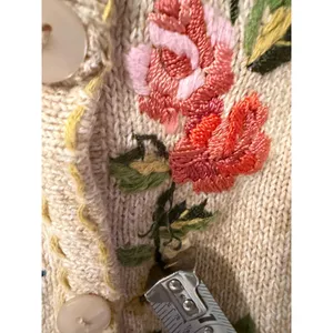 Haband Floral Embroidered Fringed Cardigan Sweater Beige Tan Large Vintage Style thumbnail 4