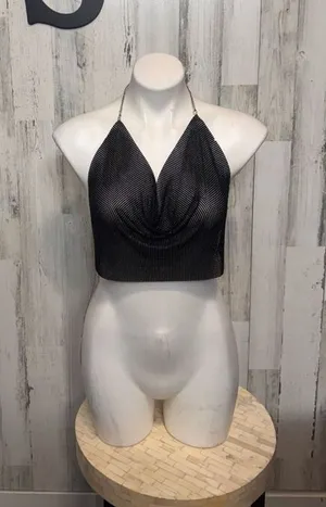 Black Rhinestone Mesh Cowl Neck Chain Backless Halter Crop Top Women's XS/S thumbnail 1