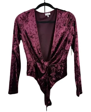 Tobi Burgundy Crushed Velvet Plunge‎ V-Neck Tie Front Bodysuit Whimsigoth Small thumbnail 1
