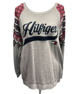 Tommy Hilfiger Gray Crewneck Sweatshirt Red Print Sleeves Navy Stitched Logo thumbnail 1