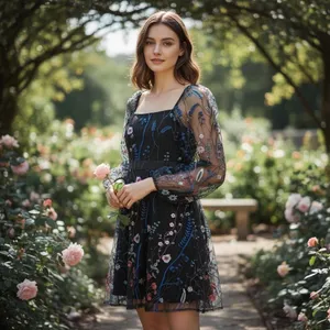 NWT JJ’s House Black Sheer Embroidered Dark Floral Romantic Dress Size M thumbnail 2