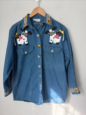 Vintage 90s Cow Appliqué Denim Shirt Sunflower Sz Med ^ thumbnail 1