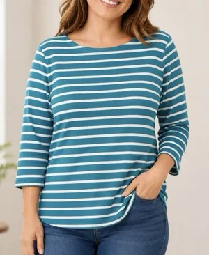 LL Bean Teal Striped Boat Neck 3/4 Sleeves Rib Knit Shirt Size XL thumbnail 1