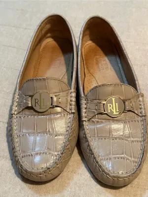 Ralph Lauren Taupe Croc-Embossed Leather Loafers with Gold RL Medallion thumbnail 1