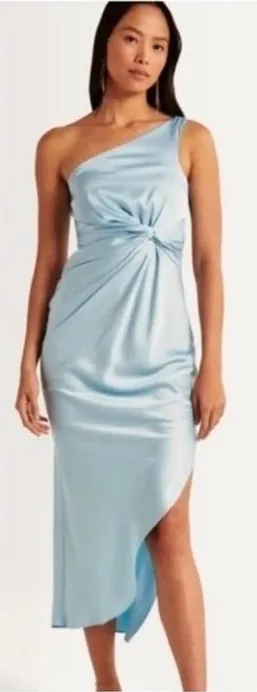 Abercrombie & Fitch Light Blue Satin One Shoulder Ruched Midi Dress XSP thumbnail 1