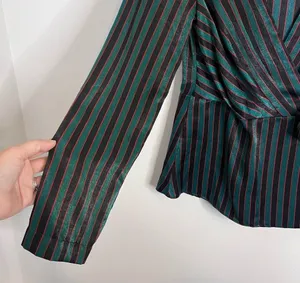 Zara Striped Sateen Wrap Blouse Medium Black thumbnail 6
