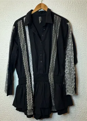 Anthropologie Black Poplin Lace-Trim Skirty Smock Waist Romper thumbnail 1