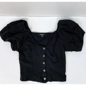 Sugarlips Mirabelle Puff Sleeve Top Black Linen Button Front V-Neck‎ Size Medium thumbnail 2