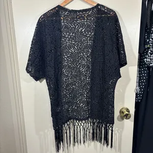 Vanity Y2K Black Lace Cover-Up Kimono with Fringe Size L thumbnail 5