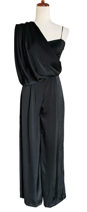 DO+BE black satin jumpsuit featuring an asymmetrical draped one-shoulder overlay thumbnail 1
