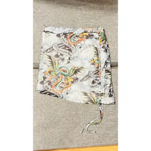 Ed Hardy Tattoo print side tie White mesh dragon paisley mini short skirt sz Med thumbnail 2