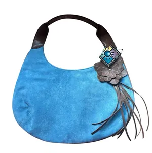 NWT Vintage Y2K Blue Suede Hobo Bag with Brown Fringe Floral Accents thumbnail 1
