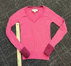 Y2K American Eagle Womens Sweater Small Pink Cable Knit V Neck Preppy thumbnail 1