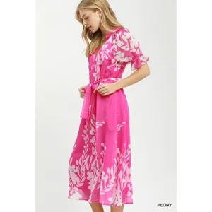 Umgee Floral Print Tie Waist Midi Dress with Side Pockets - Peony - Small thumbnail 2