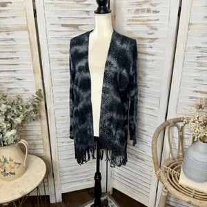 XCVI Women's L Cotton Fringe Open Crochet Knit Cardigan Sweater Bleached Tie Dye thumbnail 6