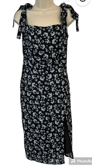 Commense Women’s Medium Navy‎ Blue Floral Sleeveless MIDI Dress Tie Strap NWT thumbnail 1