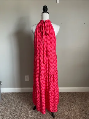 UMGEE | Hot Pink Chevron Print Tiered Halter Maxi Dress Sz S thumbnail 8