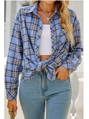 CHYRII Amazon Brand Women’s Oversized Blue Plaid Flannel Button Down Shirt thumbnail 2