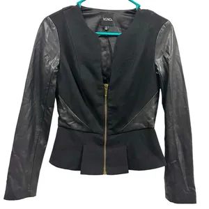Black Faux Leather Rayon Blend Zip Up Lined Peplum XOXO Blazer Jacket Womens XS thumbnail 1