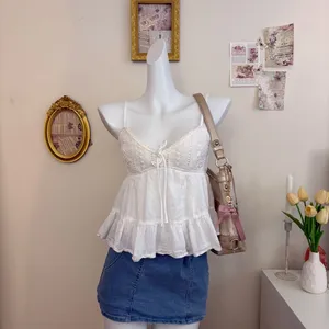 aeropostale white crochet eyelet lace babydoll cami top size s tiered ruffle hem thumbnail 2