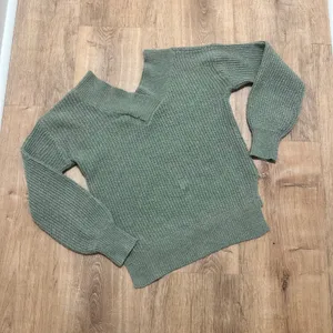 PINK ROSE | Sage Green V Neck‎ Textured Knit Long Sleeve Off Shoulder Sweater, S thumbnail 2