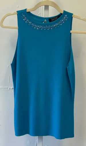 Vintage Y2K Crystal Kobe Turquoise Blue Embellished Neck Sleeveless Knit Top Med thumbnail 1