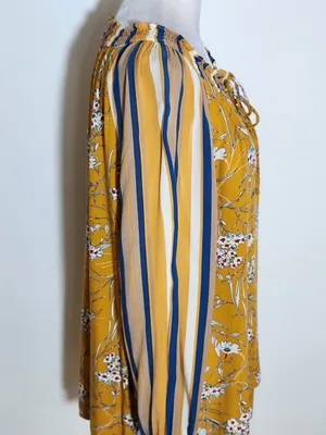 Gigio Mustard Yellow Boho Peasant Blouse Floral and Stripe Print Size Large thumbnail 4