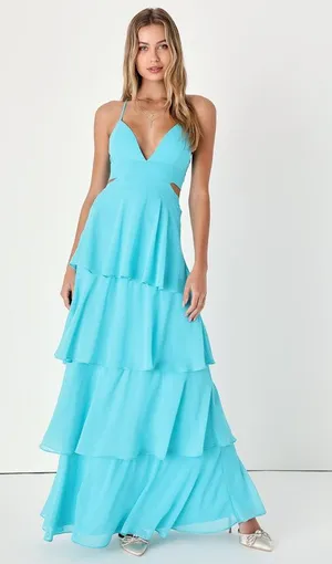 NWT Lulus Tier and Now Blue Tie-Back Tiered Maxi Dress Dance Gala Wedding Sz XS thumbnail 1