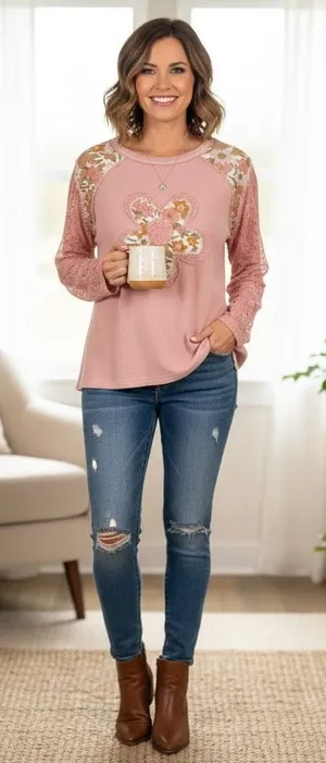 POL Pink Floral Lace Waffle Knit Long Lace Sleeve Top Size L YKT1297 Spring NWOT thumbnail 1