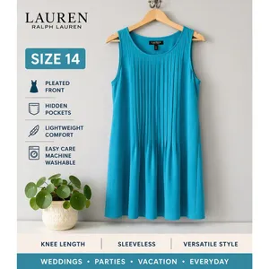 Lauren Ralph Lauren Dress Womens 14 Turquoise Blue Pintuck Sleeveless Pockets thumbnail 7