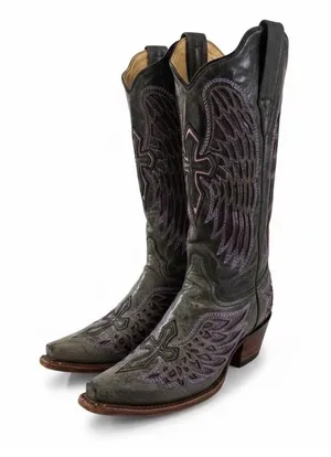 Corral Boots Women's Distressed Black Winged Cross Purple Inlay Boots Size 9 thumbnail 1