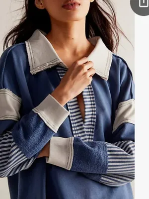 Free People x We The Free Clean Prep Polo Pullover Sweater Top Blue White Medium thumbnail 8
