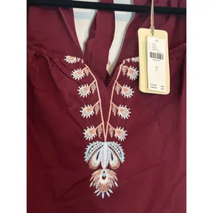 Letube Anthropologie Burgundy Embroidered Boho Mini Dress Long Sleeve Large NEW thumbnail 8