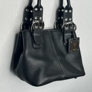 Tignanello Black Genuine Leather Satchel Handbag Buckle Top Handle Y2K thumbnail 10