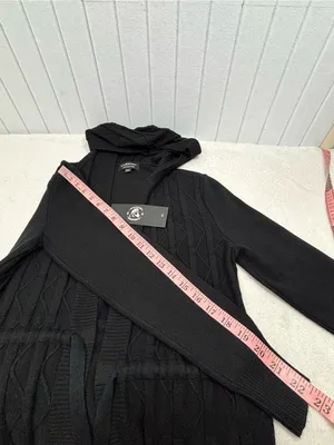 S. Christina Cashmere Black Hooded Open Front Cardigan Sweater S/M thumbnail 10